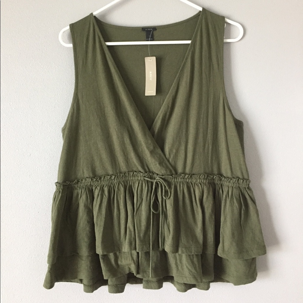 New J. Crew Green Tiered Tank Top Blouse Tie Waist